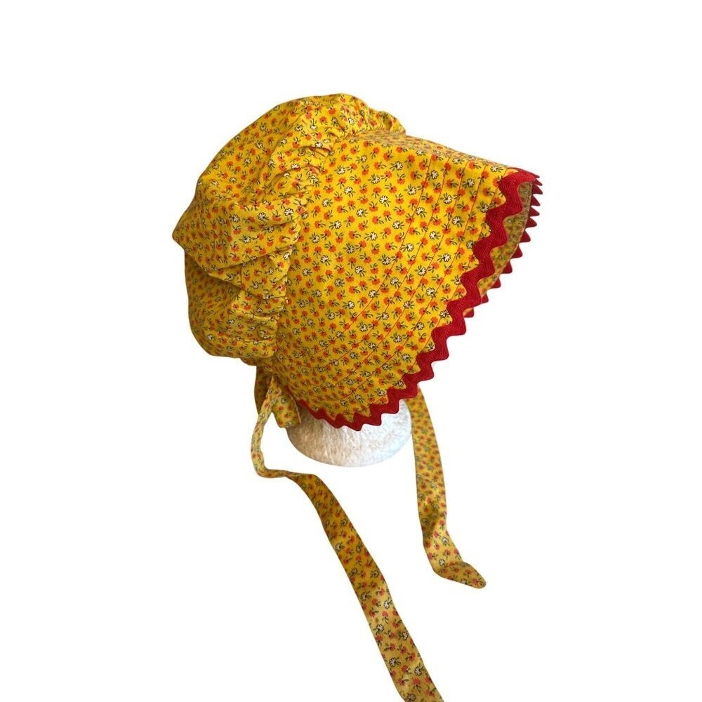 Vintage-Style Yellow Floral Baby Bonnet With Red Ric Rac Trim & Ties